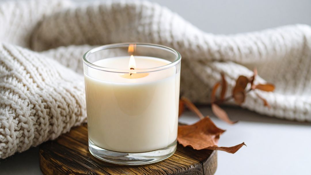 Autumn home fragrance with a scented candle and cosy seasonal décor