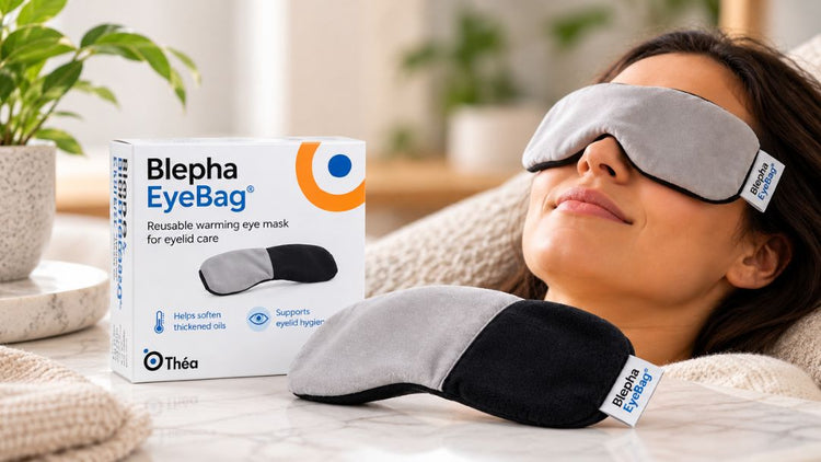 Blepha EyeBag reusable warming eye mask with original product packaging for eyelid care and blepharitis management.