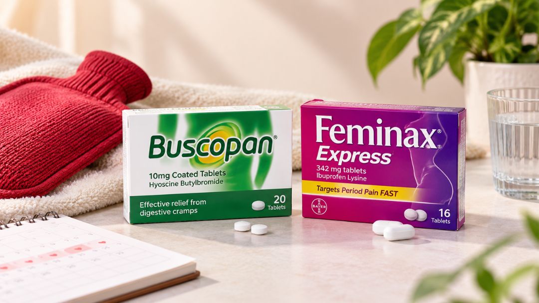 Buscopan 10 mg and Feminax Express packaging alongside a hot-water bottle for period pain relief comparison.