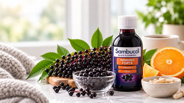 Sambucol elderberry supplement with vitamin C and zinc alongside fresh elderberries and orange.