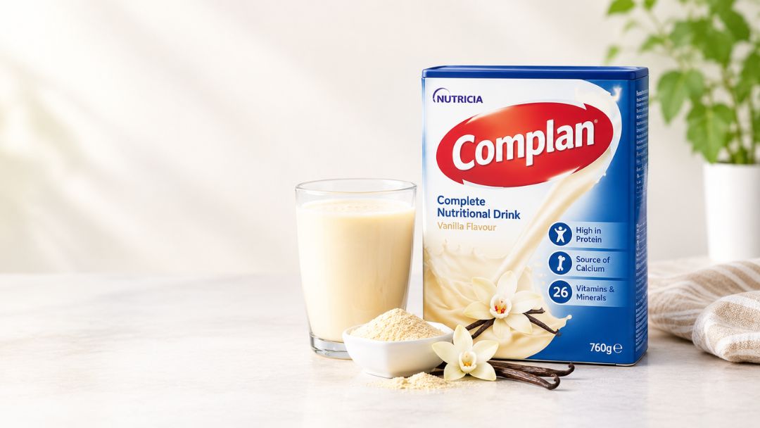 Complan Vanilla Complete Nutritional Drink with a glass of prepared drink, highlighting nourishing drinks for older adults in winter.