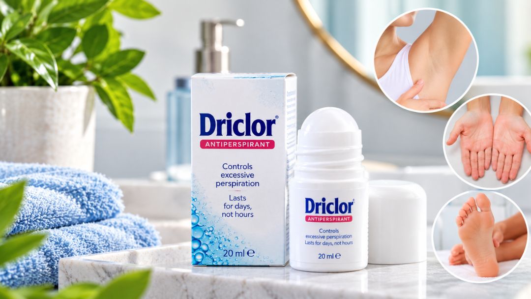 Driclor 20ml antiperspirant roll-on and original packaging displayed on a clean bathroom surface, with illustrations of underarms, hands and feet.