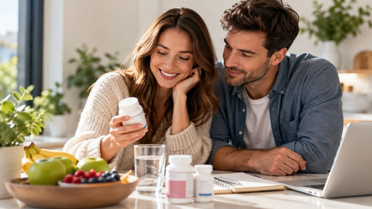 Young couple reviewing fertility vitamins and supplements while trying to conceive at home.