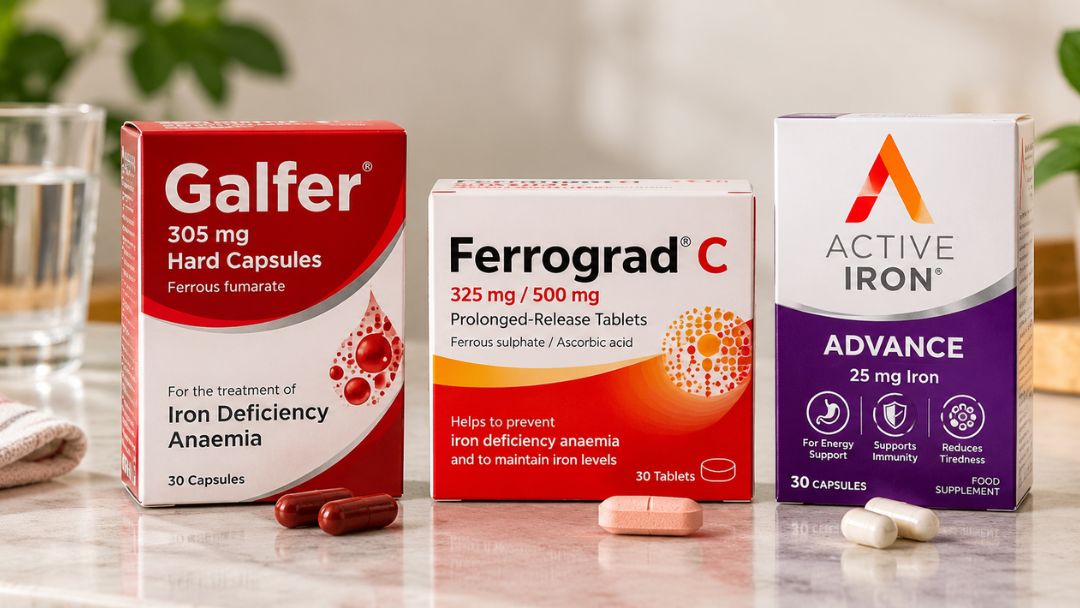 Galfer, Ferrograd C and Active Iron supplement packs arranged side by side for comparison.