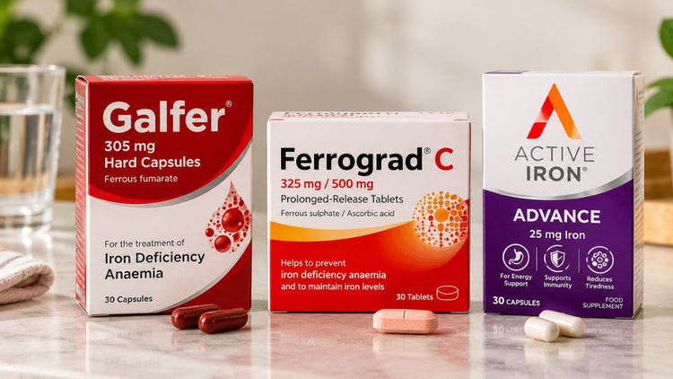 Galfer, Ferrograd C and Active Iron supplement packs arranged side by side for comparison.