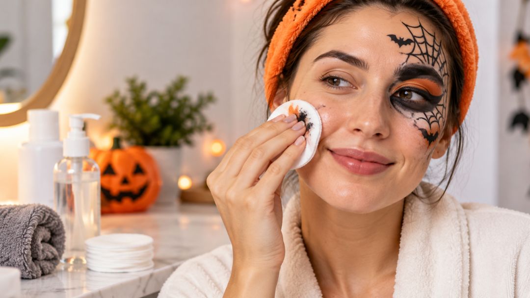 Woman gently removing Halloween face paint with a cotton pad