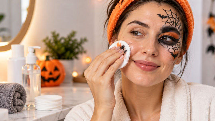 Woman gently removing Halloween face paint with a cotton pad