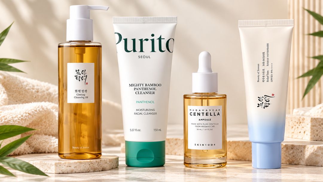 Korean skincare routine products including cleansing oil, cleanser, ampoule and SPF for a K-beauty routine.