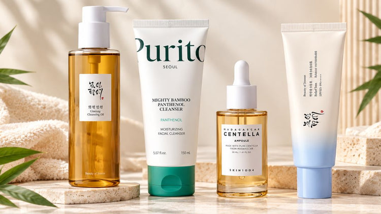 Korean skincare routine products including cleansing oil, cleanser, ampoule and SPF for a K-beauty routine.
