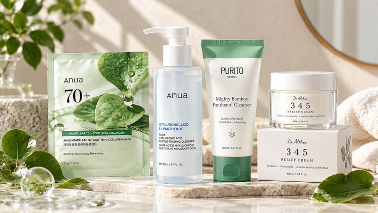Anua Heartleaf mask and hyaluronic acid cleanser, PURITO Mighty Bamboo Panthenol Cleanser, and Dr Althea 345 Relief Cream for sensitive skin