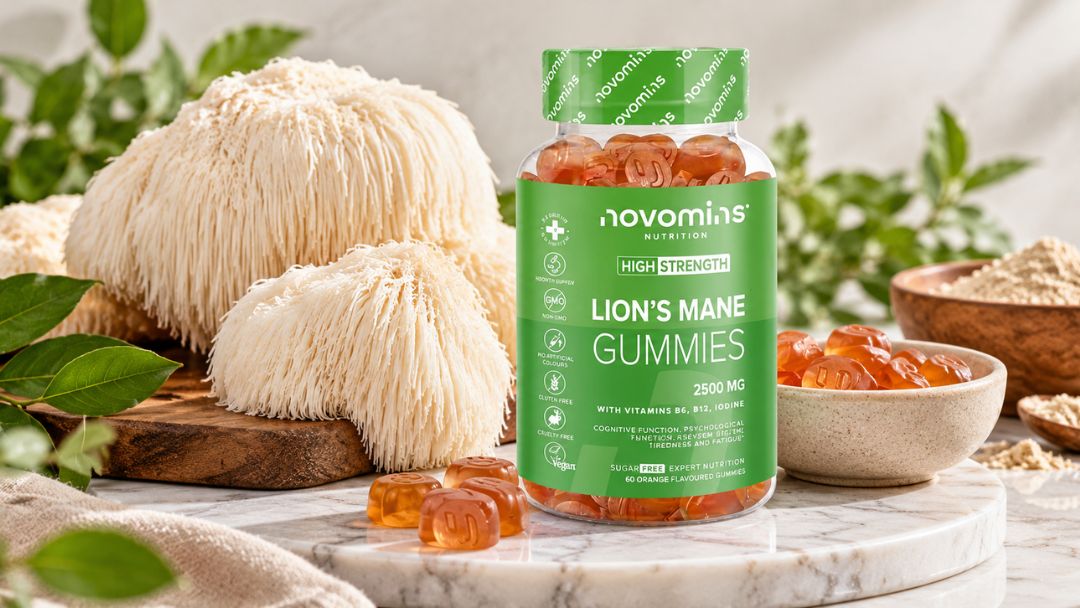 Novomins Lion's Mane Gummies bottle with orange gummies and lion's mane mushrooms on a neutral background.