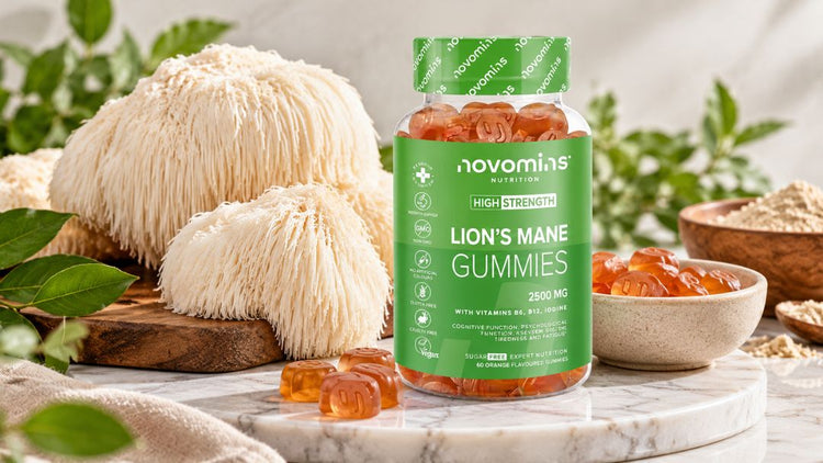 Novomins Lion's Mane Gummies bottle with orange gummies and lion's mane mushrooms on a neutral background.