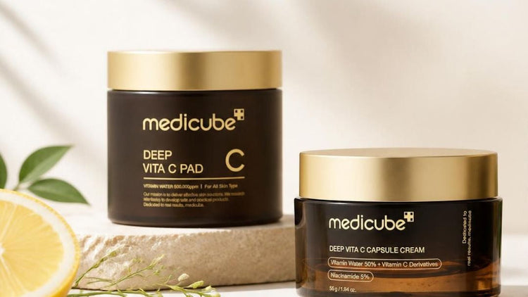 Medicube Vita C skincare routine featuring Deep Vita C Pads, AGE-R Vita C Pro Ampoule and Deep Vita C Capsule Cream.