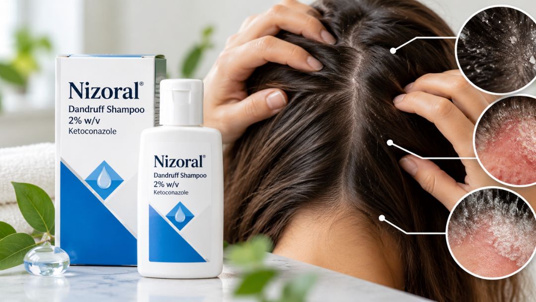 Nizoral 2% ketoconazole dandruff shampoo beside a close-up of a flaky scalp and different scalp scaling conditions.