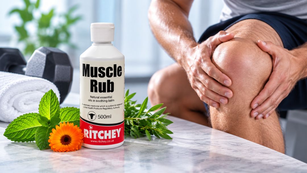 Ritchey Muscle Rub 500 ml veterinary medicine bottle featured in a guide to human-use safety.