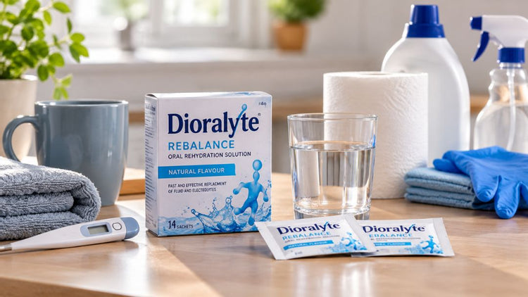 Dioralyte Rebalance oral rehydration sachets with water, a digital thermometer and cleaning essentials for winter vomiting bug home care.