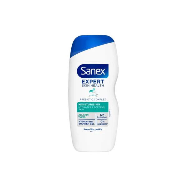 A bottle of Sanex Expert Skin Health Prebiotic Complex Moisturising Hydrating Shower Gel, featuring a white bottle with a blue cap and blue and green text on the label, set against a plain white background.