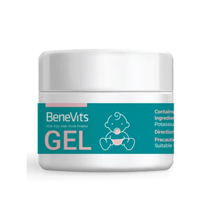 Jar of BeneVits gel with a white lid and blue label on a white background