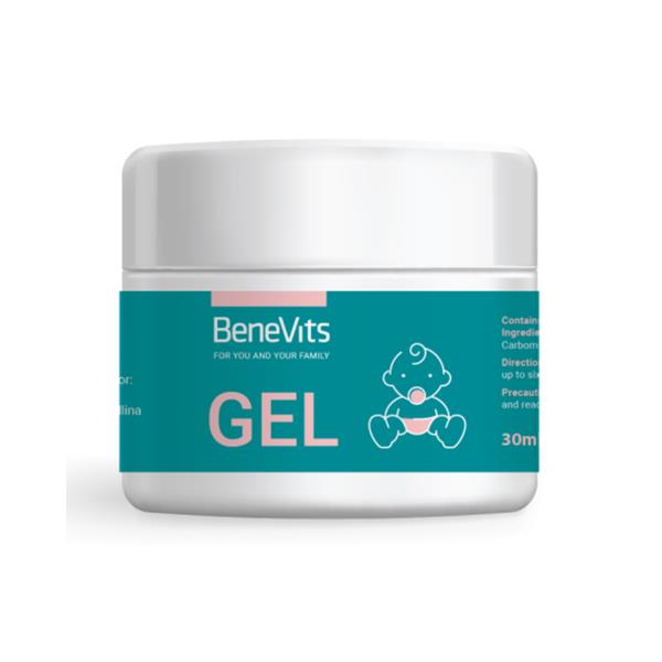 Jar of BeneVits gel with a white lid on a white background