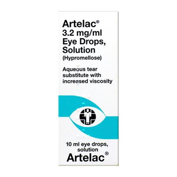 A tall, narrow white box for Artelac 3.2 mg/ml Eye Drops, Solution, with black text and a teal eye graphic on a white background.