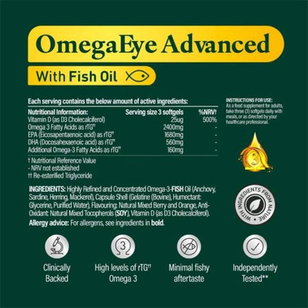 OmegaEye Advanced with Fish Oil supplement label on a green background
