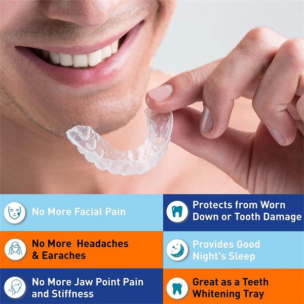 Person holding a clear DENTAL GRINDING SPLINT with product benefits displayed.