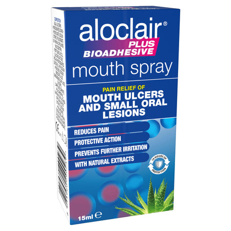 Aloclair Plus Bioadhesive mouth spray packaging on a white background
