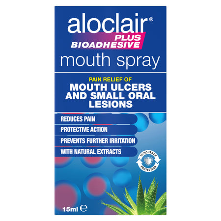 Aloclair Plus Bioadhesive mouth spray packaging on a white background