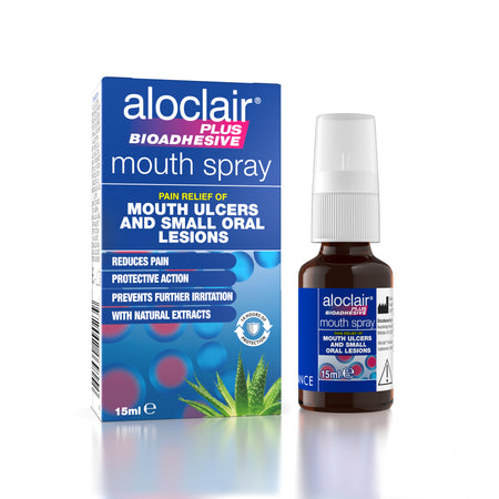 Aloclair mouth spray packaging and bottle on a white background