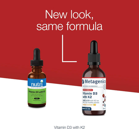 Two bottles of Vitamin D3 with K2 on a red background with text 'New look, same formula'.