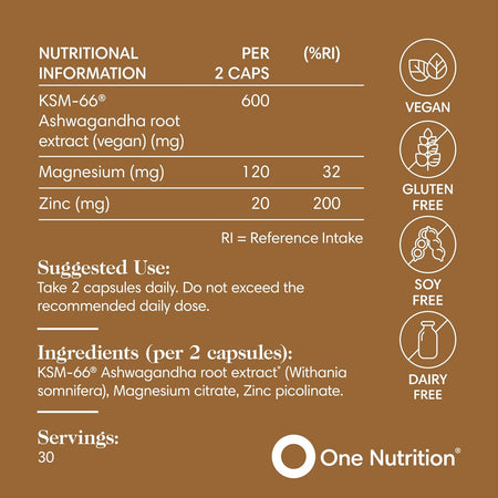 Nutritional information label for a supplement with One Nutrition branding on a brown background