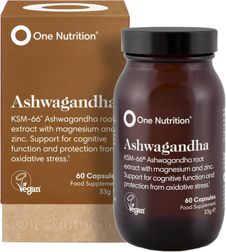 One Nutrition Ashwagandha supplement bottle and packaging on a white background