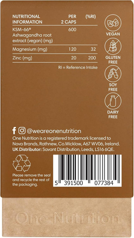 Nutritional information label on a brown supplement package with One Nutrition branding.