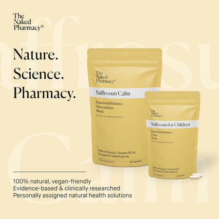 Two yellow packages of 'Saffrosun Calm' and 'Saffrosun for Children' from The Naked Pharmacy on a beige background.