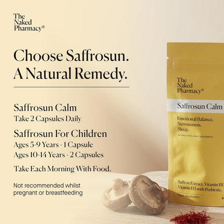 Saffrosun supplement packaging with text on a beige background
