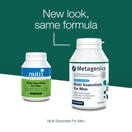 Two bottles of men's multivitamin supplements with text 'New look, same formula' on a green and white background.