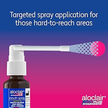 Mouth spray with nozzle on a gradient blue to pink background, featuring aloclair branding.