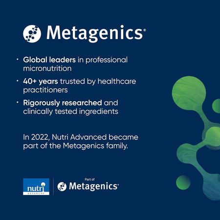 Metagenics advertisement with brand information and logo on a blue background
