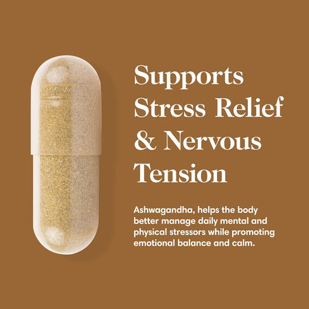 Capsule with text on a brown background about stress relief and nervous tension support.