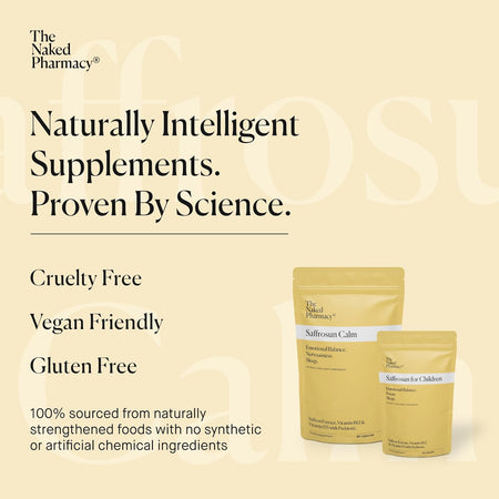The Naked Pharmacy supplements with text highlighting natural intelligence, science, cruelty-free, vegan-friendly, and gluten-free attributes on a beige background.