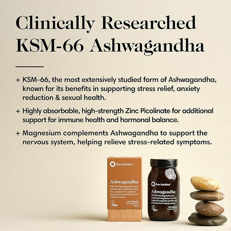 Promotional image of KSM-66 Ashwagandha with product packaging on a beige background