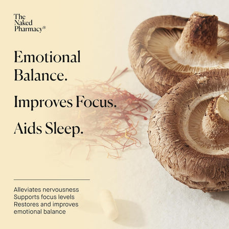 Mushrooms with text about emotional balance, focus, and sleep on a light background
