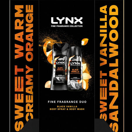 Lynx Fine Fragrance Collection Black Vanilla and Creamy Orange body spray and body wash duo on a black background with orange and yellow text and flame-like graphics.