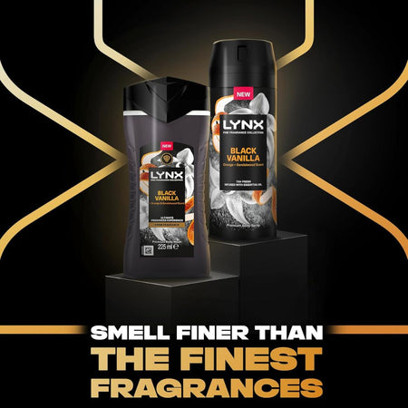 Two Lynx deodorant and body spray bottles displayed on black pedestals against a black background with gold geometric lines and promotional text reading 'SMELL FINER THAN THE FINEST FRAGRANCES'.