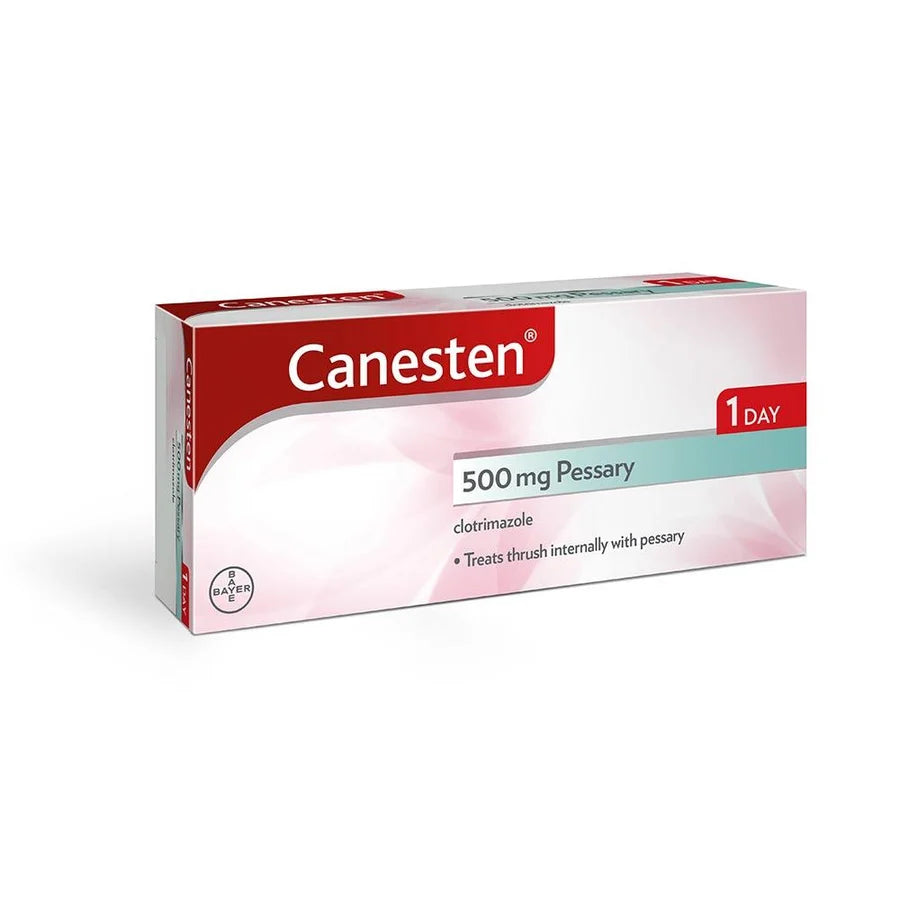 A box of Canesten 500 mg pessary, shown at a three-quarter angle on a clean white background. The packaging features a white base with a prominent red brand logo block and a light teal horizontal band.