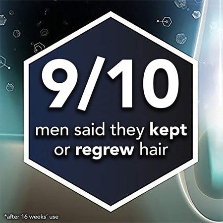 A promotional badge with the text '9/10 men said they kept or regrew hair' on a dark blue hexagonal background, with a blurred bottle and decorative graphics behind it.