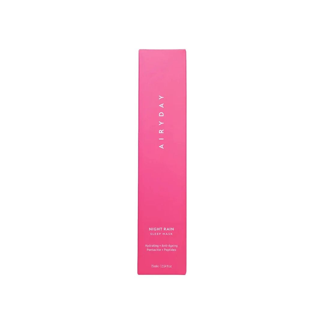 A tall, narrow pink box for AIRXDAY Night Rain Moisturizing + Repairing Treatment, shown against a plain white background.