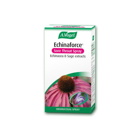 A.Vogel Echinaforce Sore Throat Spray box, featuring a white and green design with a pink coneflower illustration and a pink oval label.