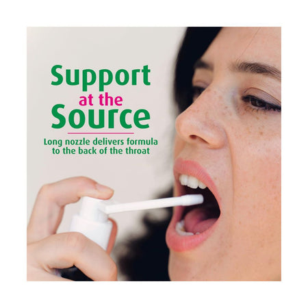 A close-up of a woman with her mouth open receiving a long nozzle liquid from a white bottle, with the text 'Support at the Source' and a subtitle explaining that the long nozzle delivers formula to the back of the throat.