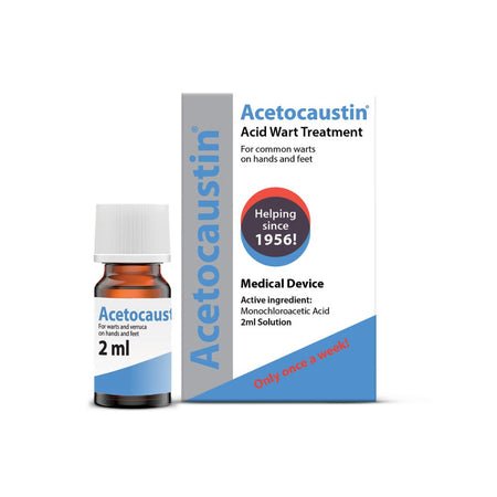 Avcetocaustin outer packiaging and inner bottle on a white background